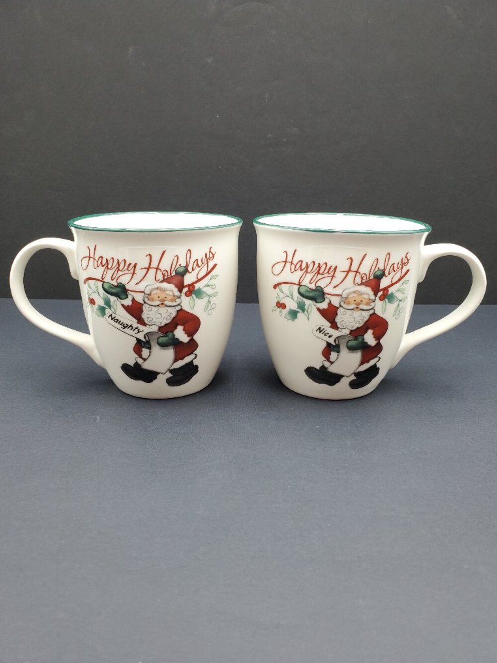 Pfaltzgraff Winterberry Naughty & Nice Mugs Oversized Holiday Santa Mugs